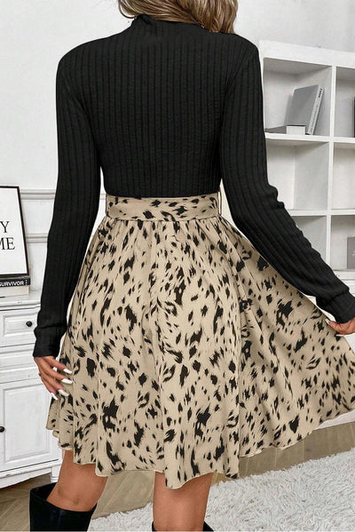 Black Ribbed Knit Printed Dress - Curated by tt