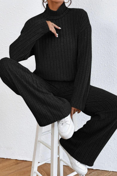 Mock Neck Dropped Shoulder Top and Pants Set - Curated by tt