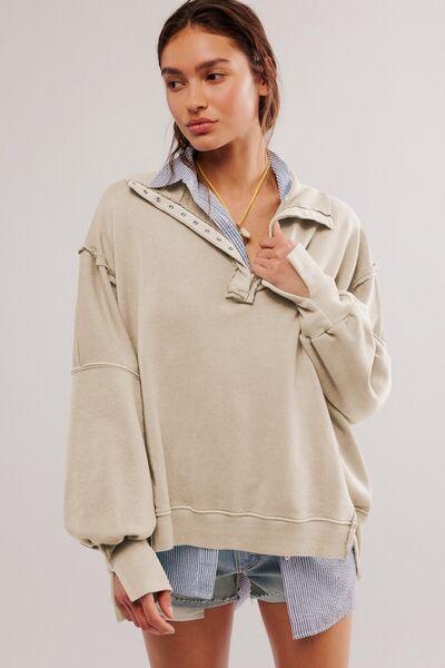 Exposed Seam Side Slit Long Sleeve Sweatshirt - Curated by tt