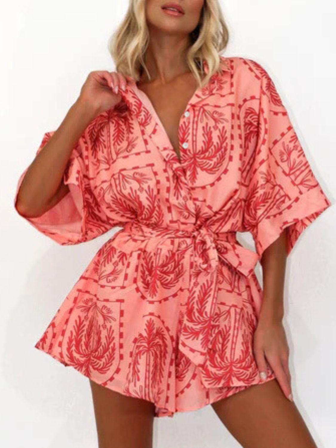 Printed Tie Waist Half Sleeve Romper - Curated by tt