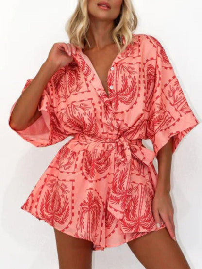 Printed Tie Waist Half Sleeve Romper - Curated by tt