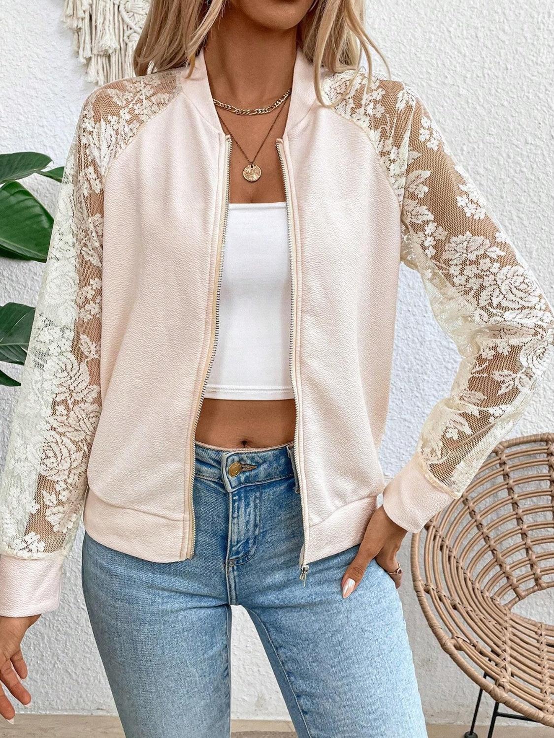 Lace Baseball Collar Zip Up Jacket - Curated by tt