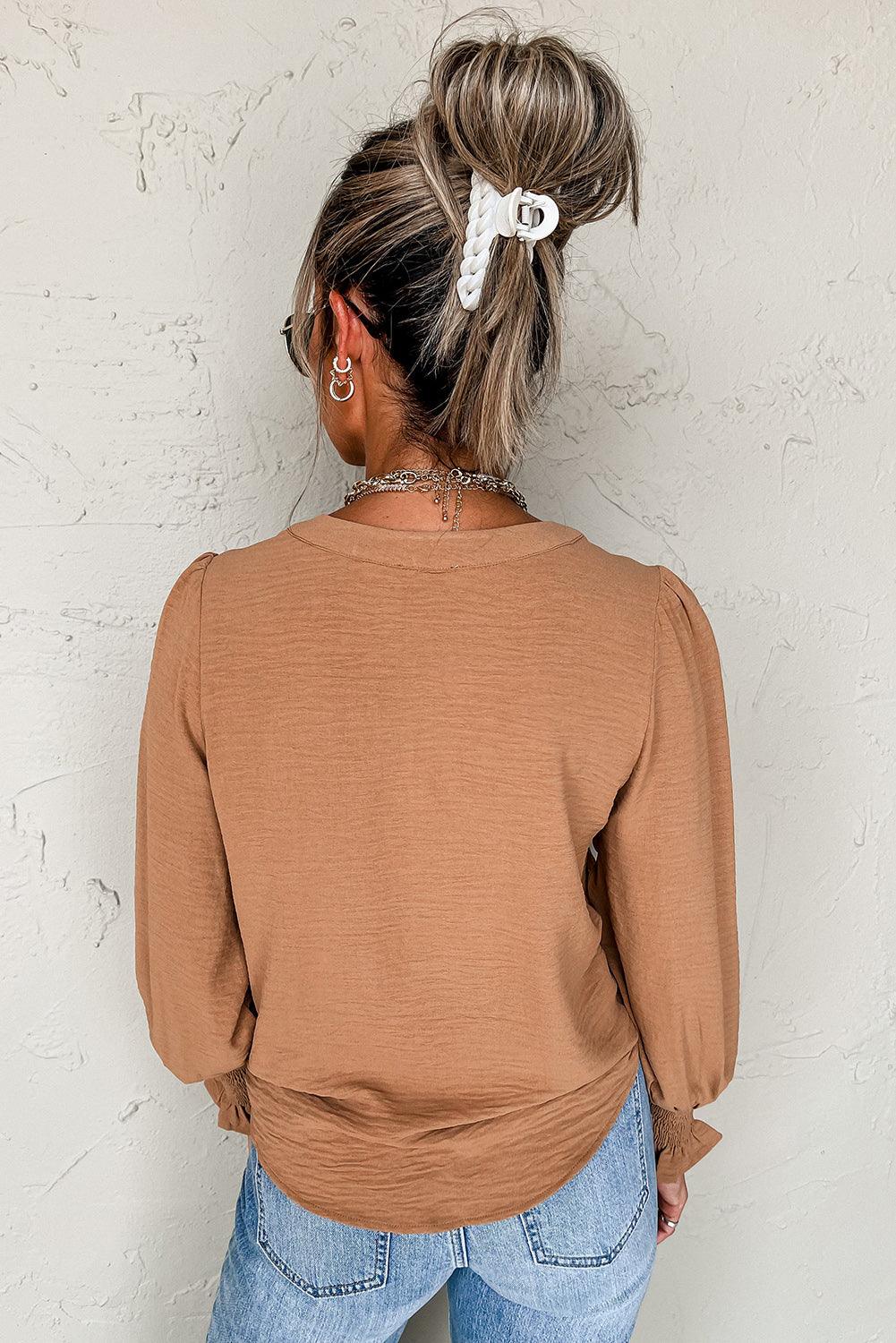 Straw Yellow Solid Color Shirred Cuff Notch V Neck Blouse - Curated by tt