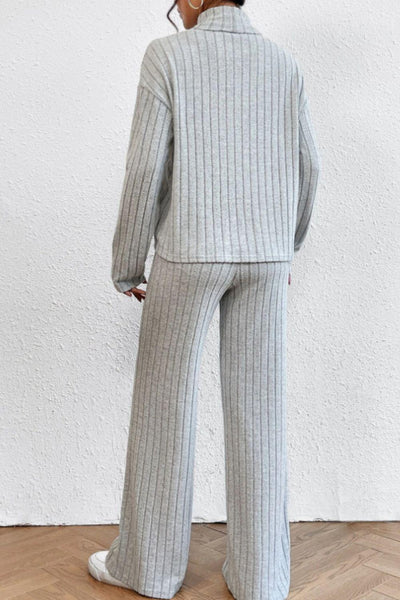 Mock Neck Dropped Shoulder Top and Pants Set - Curated by tt