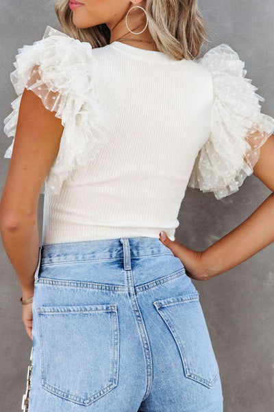 Ruffled Round Neck Cap Sleeve Blouse - Curated by tt
