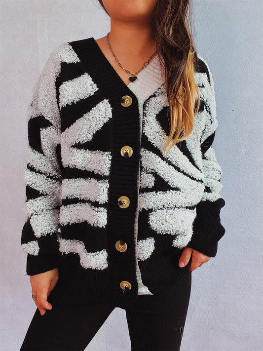 Contrast Button Up Long Sleeve Cardigan - Curated by tt