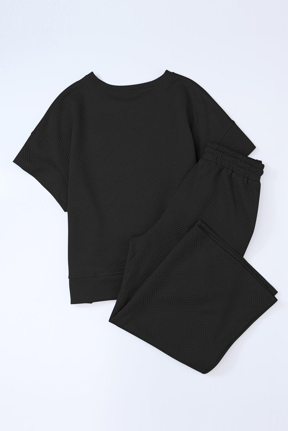 Black Textured Loose Fit T Shirt and Drawstring Pants Set - Curated by tt