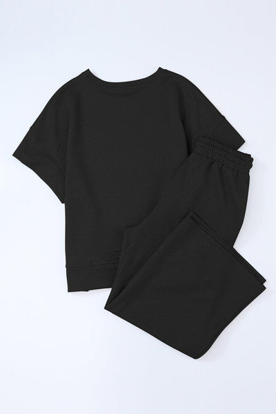 Black Textured Loose Fit T Shirt and Drawstring Pants Set - Curated by tt