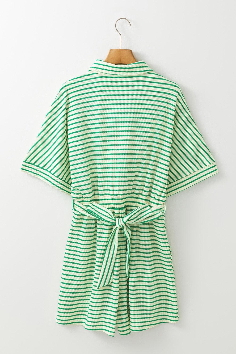 Striped Half Sleeve Tie Waist Romper - Curated by tt