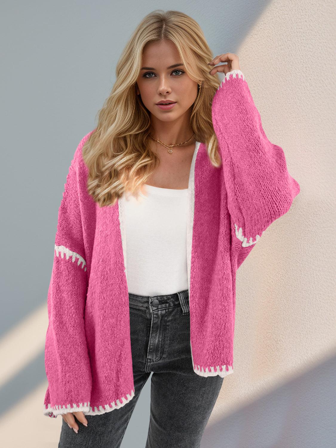 Double Take Contrast Open Front Dropped Shoulder Cardigan - Curated by tt