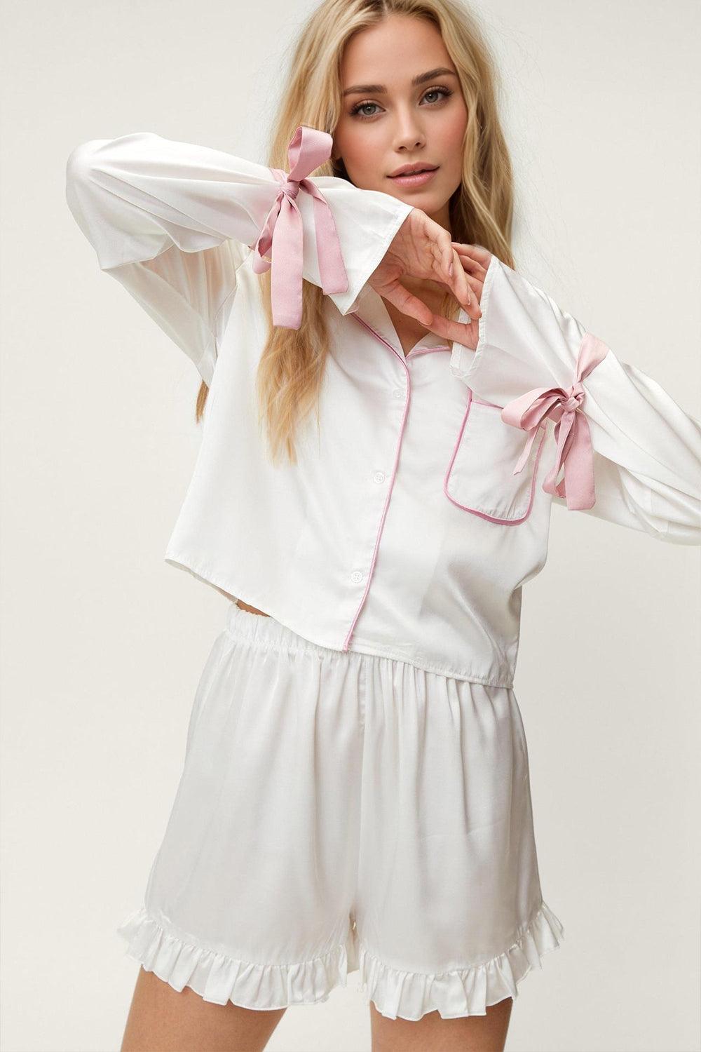Basic Bae Tied Cuff Collared Neck Top and Frill Shorts Lounge Set - Curated by tt