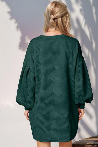 Double Take Drop Shoulder Lantern Sleeve Texture Mini Dress with Pockets - Curated by tt