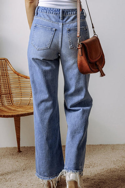 Ashleigh Blue Distressed Raw Hem Straight Leg High Waist Jeans - Curated by tt