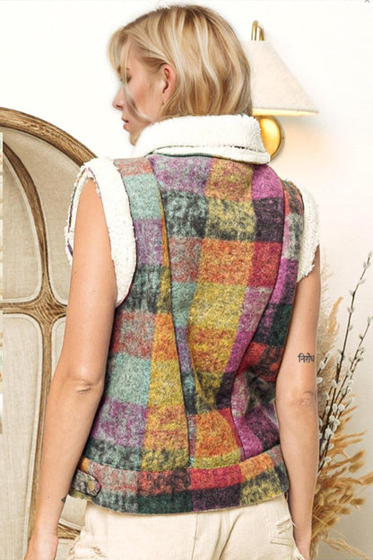 Double Take Full Size Snap Down Plaid Fleece Vest Coat with Pockets - Curated by tt