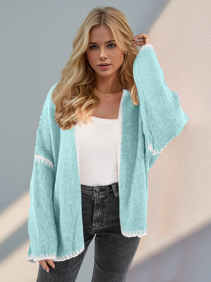 Double Take Contrast Open Front Dropped Shoulder Cardigan - Curated by tt