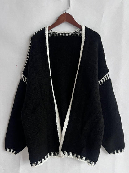 Double Take Contrast Open Front Dropped Shoulder Cardigan - Curated by tt