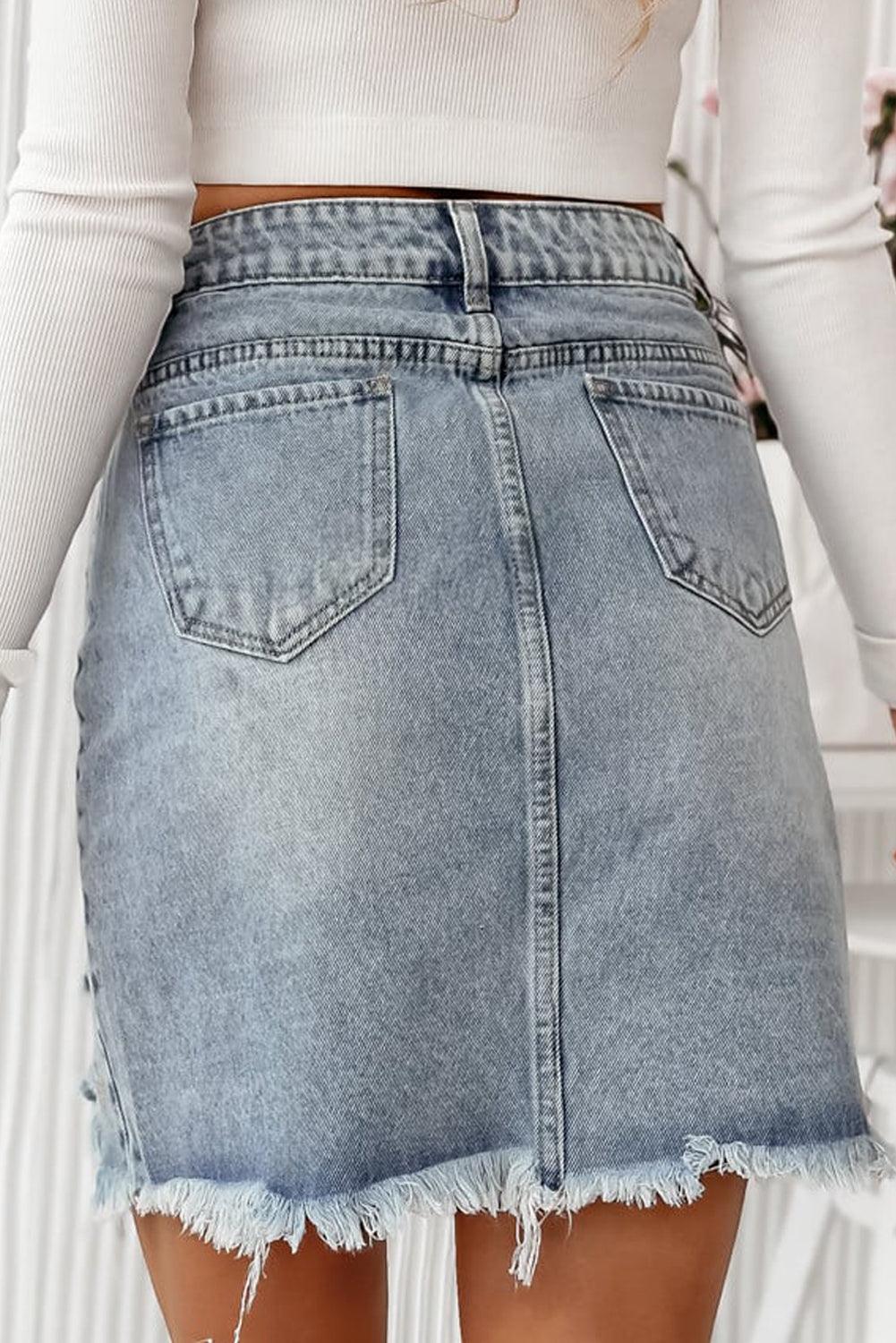 Heart Pattern Distressed Denim Mini Skirt - Curated by tt