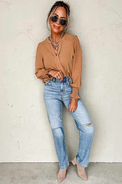 Straw Yellow Solid Color Shirred Cuff Notch V Neck Blouse - Curated by tt