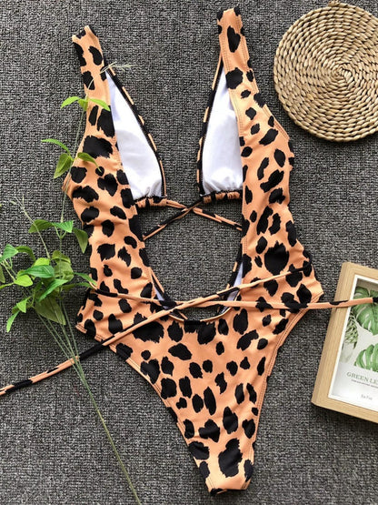 Lace-Up Backless Plunge One-Piece Swimwear - Curated by tt