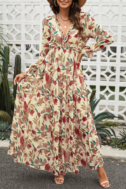 Floral Frill Trim Flounce Sleeve Plunge Maxi Dress - Curated by tt