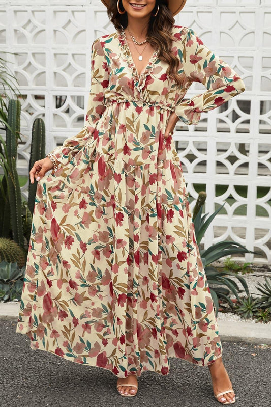 Floral Frill Trim Flounce Sleeve Plunge Maxi Dress - Curated by tt