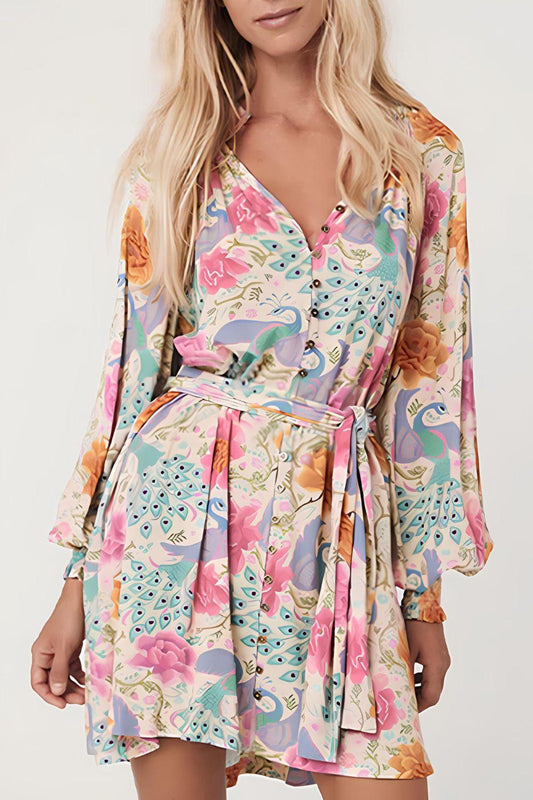 Printed Notched Lantern Sleeve Dress - Curated by tt