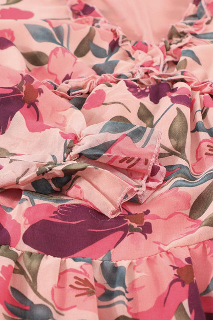 Floral Frill Trim Flounce Sleeve Plunge Maxi Dress - Curated by tt
