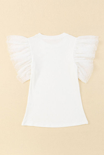 Ruffled Round Neck Cap Sleeve Blouse - Curated by tt