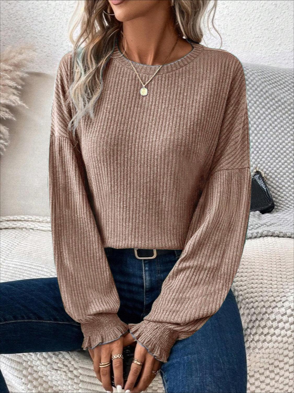 Ribbed Round Neck Lantern Sleeve T-Shirt - Curated by tt