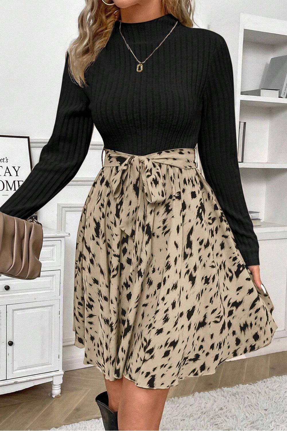 Black Ribbed Knit Printed Dress - Curated by tt