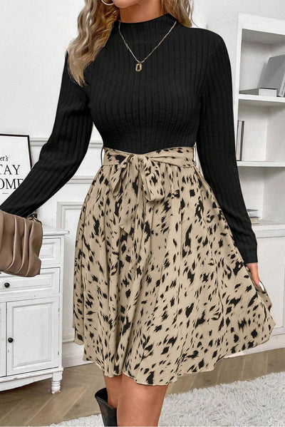 Black Ribbed Knit Printed Dress - Curated by tt