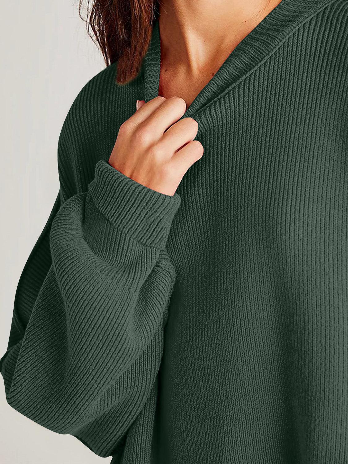 Double Take Side Slit Round Neck Long Sleeve Sweater - Curated by tt