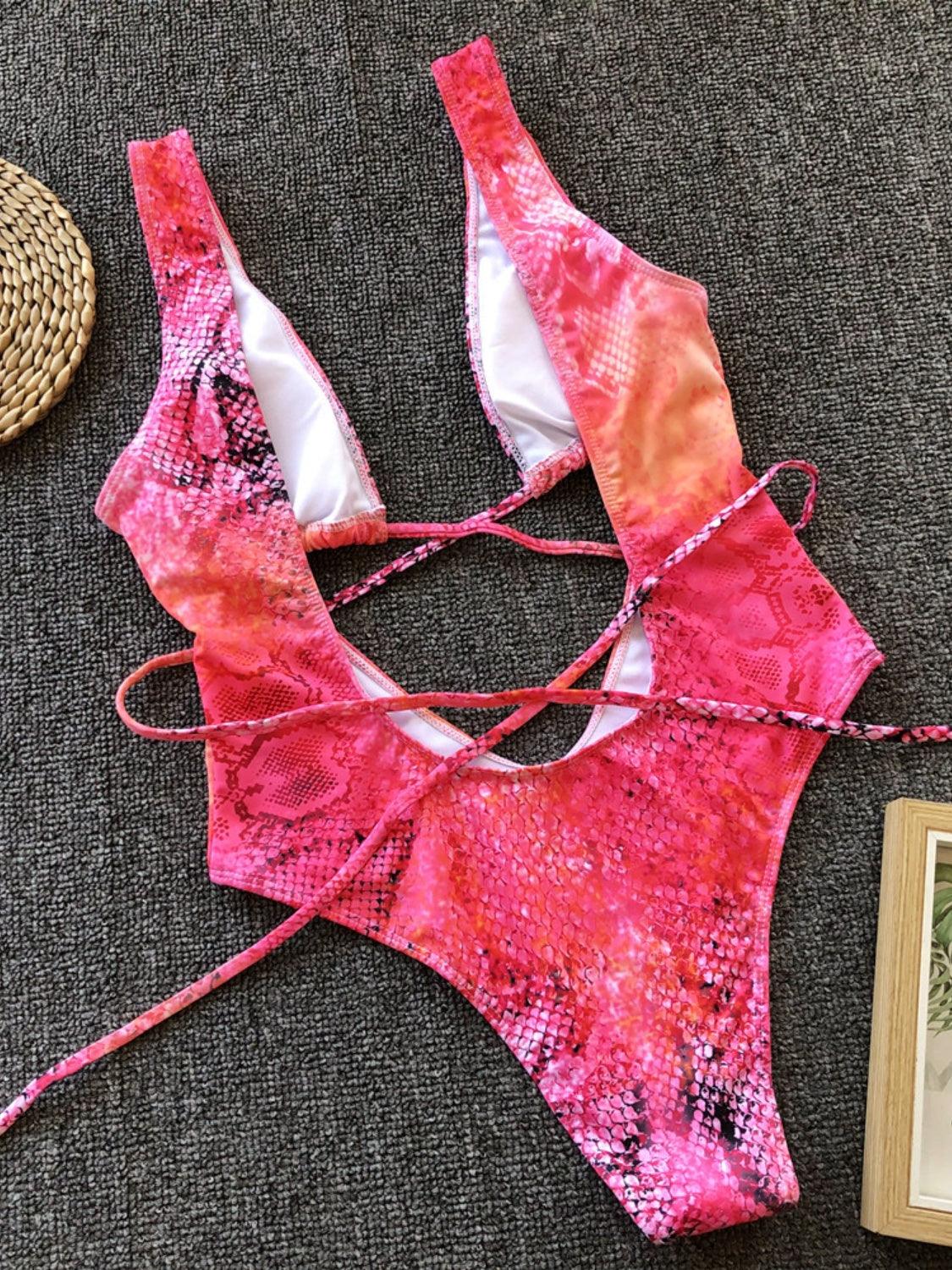 Lace-Up Backless Plunge One-Piece Swimwear - Curated by tt
