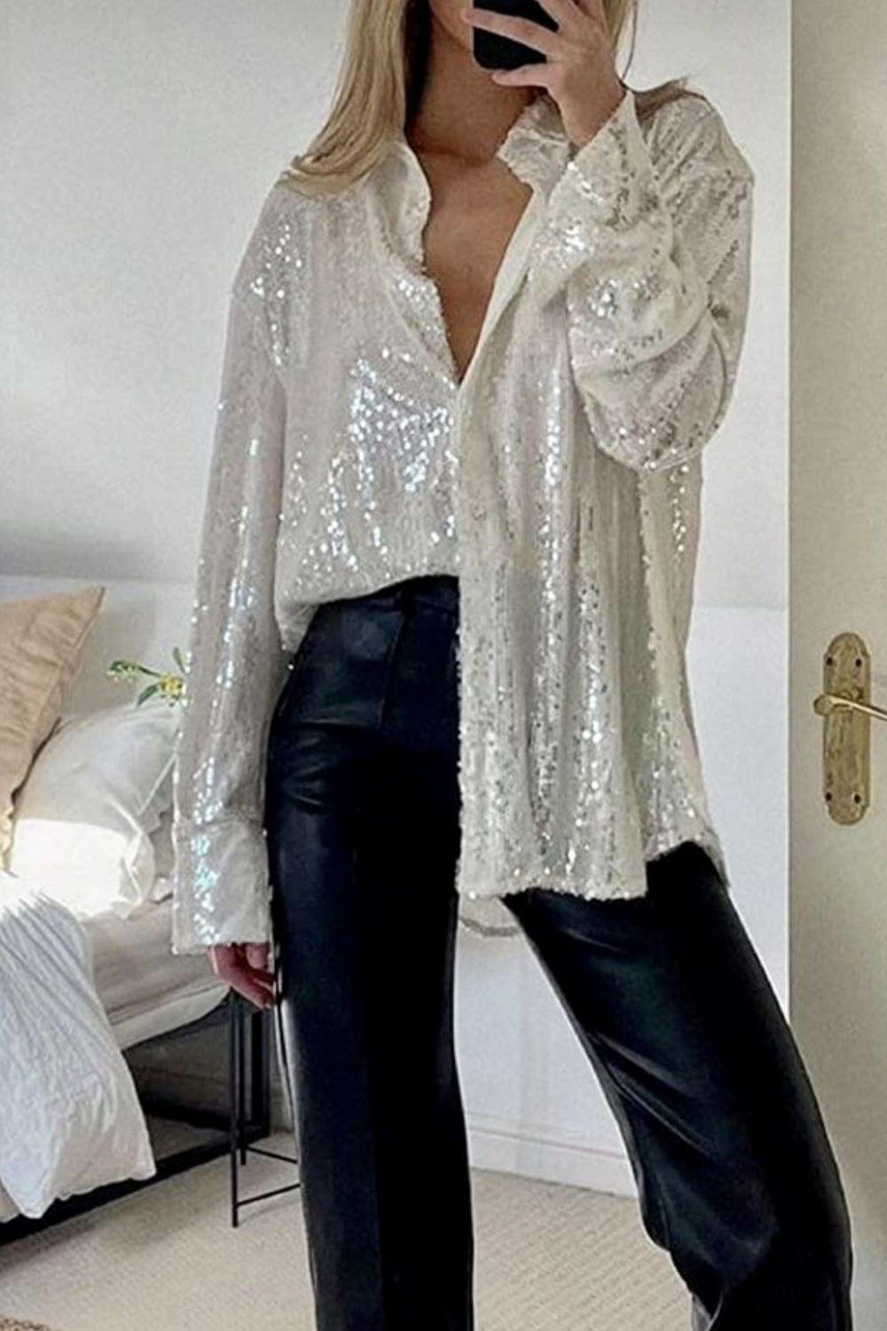 Sequin Button Up Long Sleeve Shirt - Curated by tt
