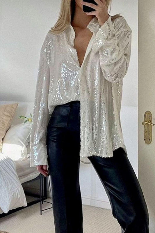 Sequin Button Up Long Sleeve Shirt - Curated by tt