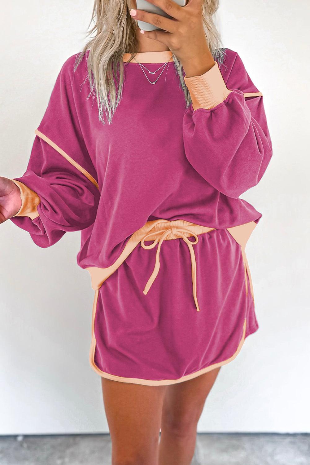Rose Red Color Contrast Loose Pullover and Lace-up Waist Skort Set - Curated by tt