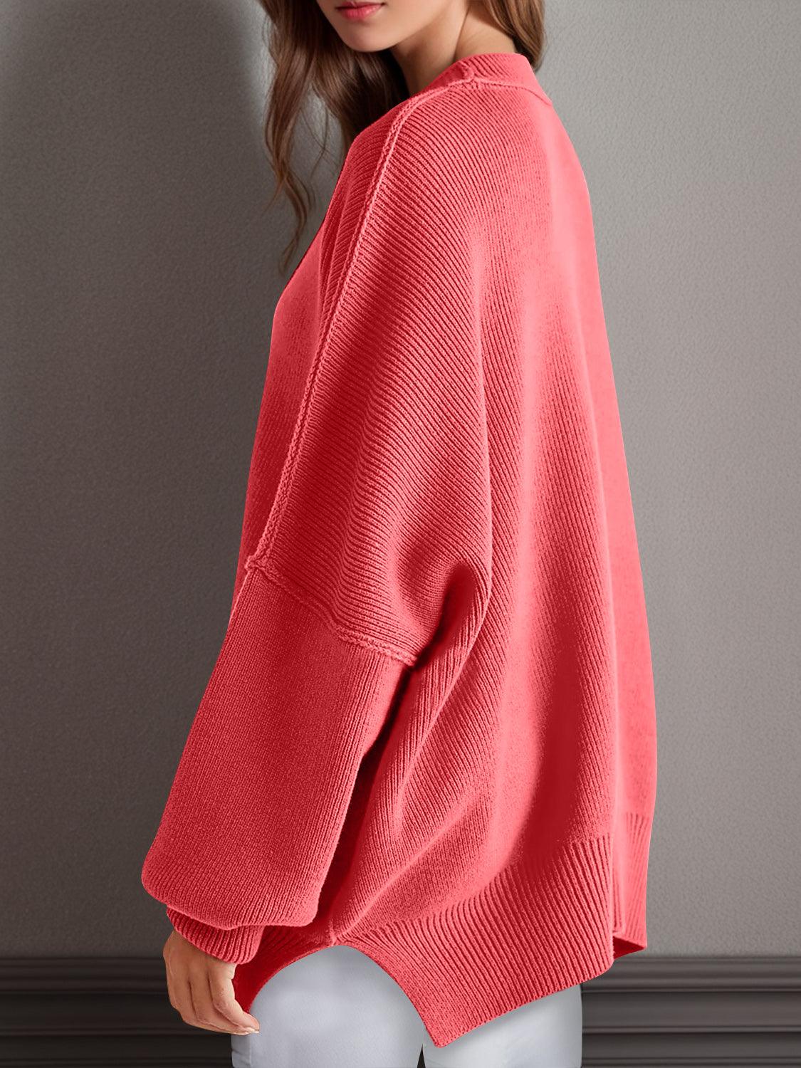 Double Take Side Slit Round Neck Long Sleeve Sweater - Curated by tt