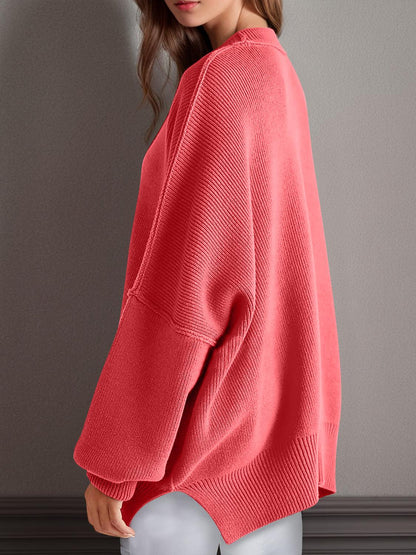 Double Take Side Slit Round Neck Long Sleeve Sweater - Curated by tt