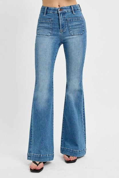 Full Size Front Patch Pocket Flare Jeans Plus Size - Curated by tt