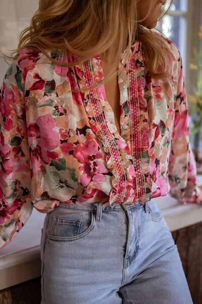 Frill Floral Button Down Long Sleeve Shirt - Curated by tt