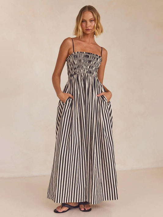 Smocked Striped Square Neck Cami Dress - Curated by tt