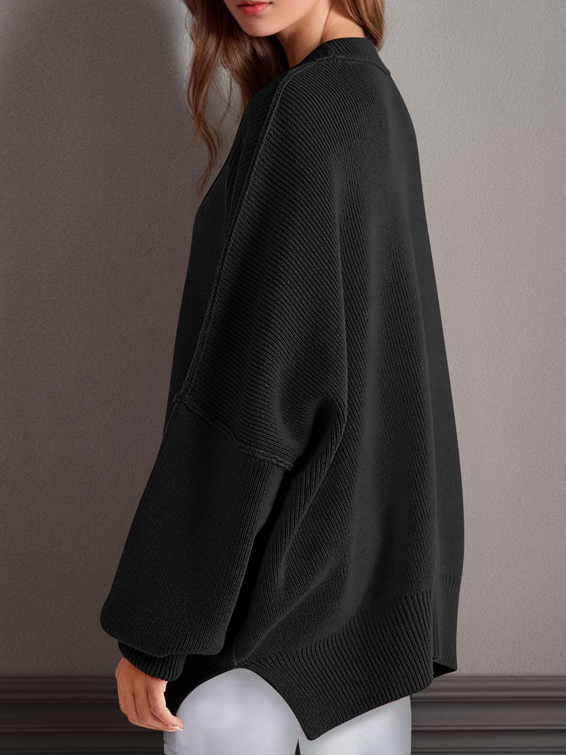 Double Take Side Slit Round Neck Long Sleeve Sweater - Curated by tt
