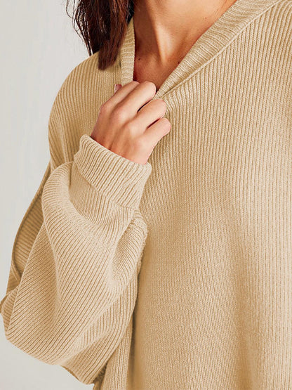 Double Take Side Slit Round Neck Long Sleeve Sweater - Curated by tt