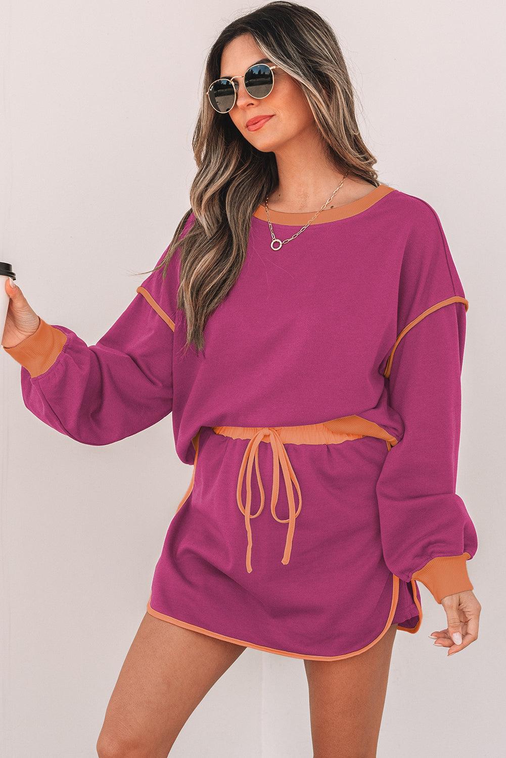 Rose Red Color Contrast Loose Pullover and Lace-up Waist Skort Set - Curated by tt