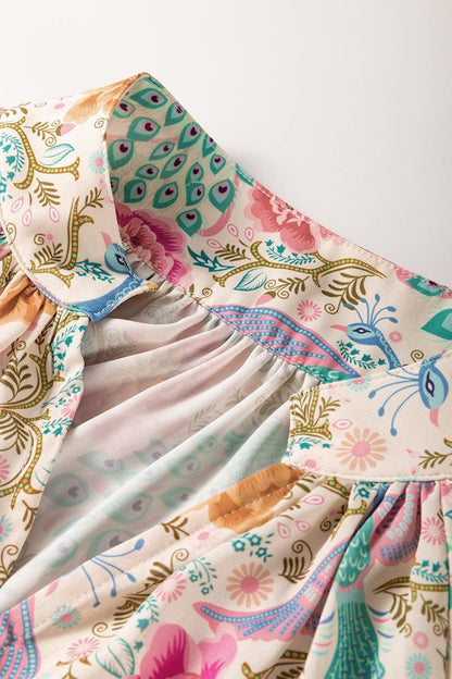 Printed Notched Lantern Sleeve Dress - Curated by tt