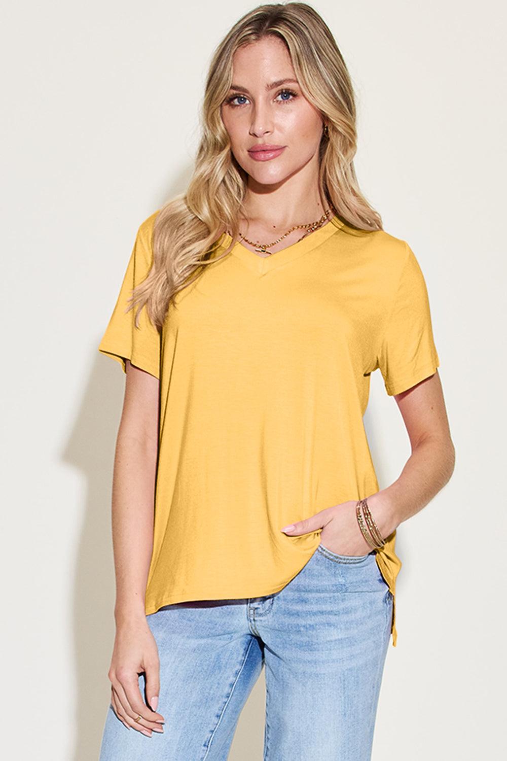 Basic Bae Bamboo Full Size V-Neck High-Low T-Shirt - Curated by tt