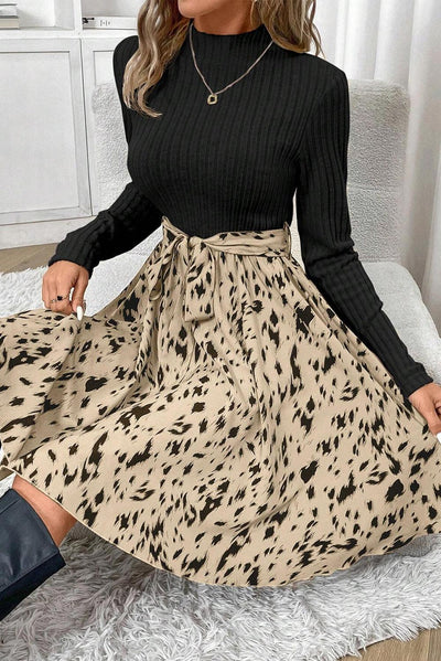 Black Ribbed Knit Printed Dress - Curated by tt