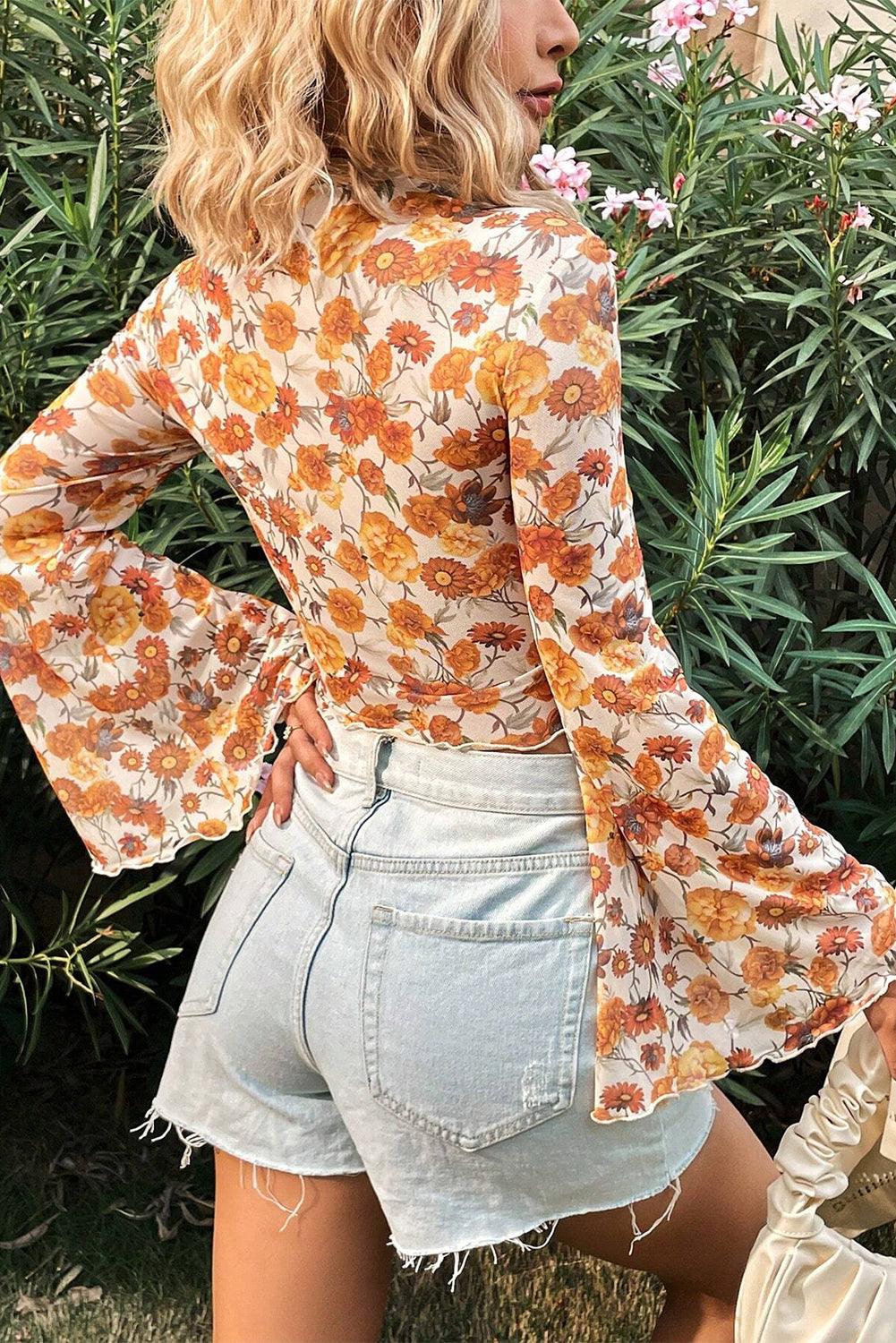Floral Printed Bell Sleeve Blouse - Curated by tt