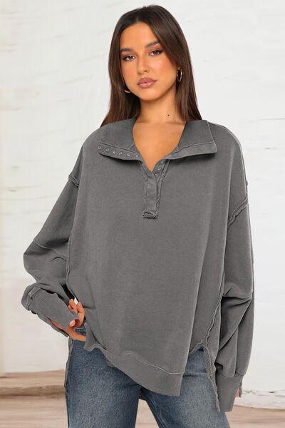 Exposed Seam Side Slit Long Sleeve Sweatshirt - Curated by tt