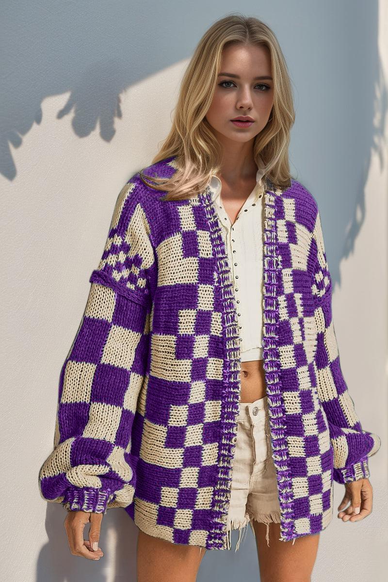 Double Take Full Size Open Front Checkered Drop Shoulder Cardigan - Curated by tt